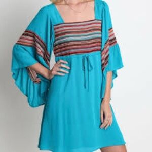 Umgee Boho Chic Turquoise Dress with Bell Sleeves & Embroidered Detail | Size S